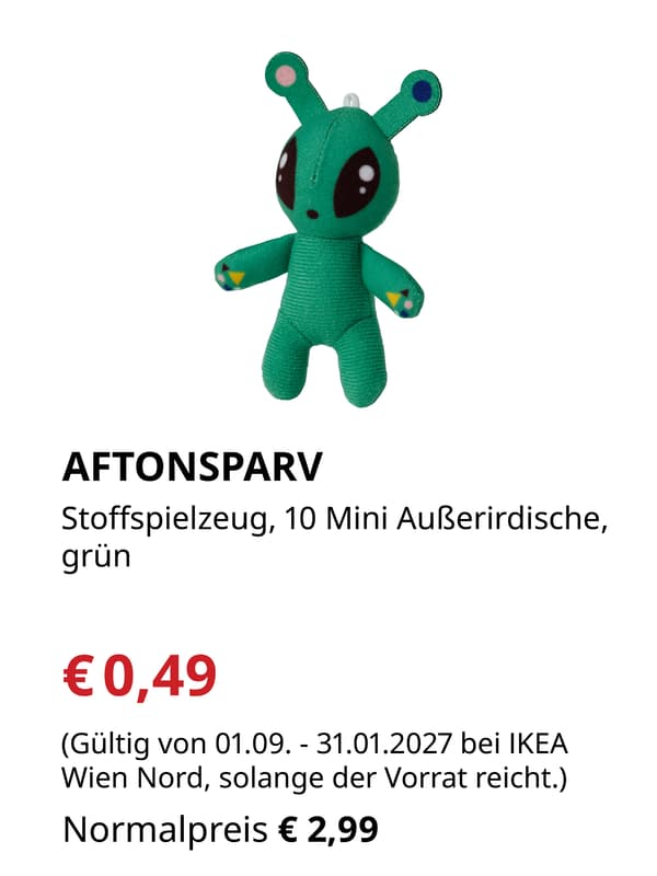 AFTONSPARV
Stoffspielzeug, Mini Außerirdischer, 
Grün

€0,49 statt €2,99