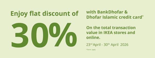 All Mastercard Credit Cards from Bank Dhofar & Dhofar Islamic are eligible for Flat 30% discount on the total transaction value