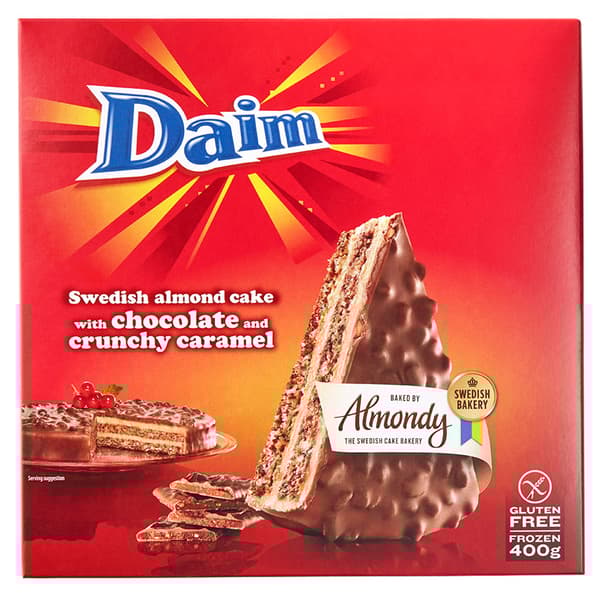 Almondy tilbagekalder en begrænset mængde af Daim mandelkage med chokolade og knas 400g (203.476.27), da der er blevet fundet metal i en kage. Produktet tilbagekaldes som en forebyggende foranstaltning. 
