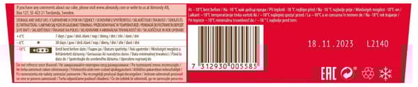 Almondy tilbagekalder en begrænset mængde af Daim mandelkage med chokolade og knas 400g (203.476.27), da der er blevet fundet metal i en kage. Produktet tilbagekaldes som en forebyggende foranstaltning. 