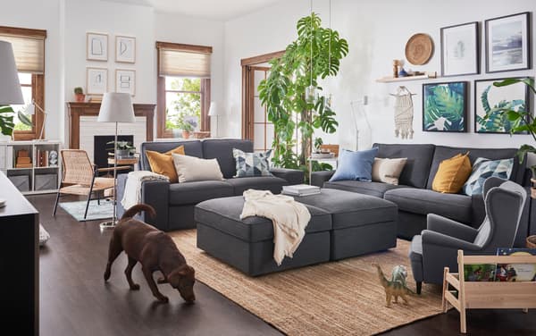 Amplio living, con tres sofás de color plomo y apoyapiés con almacenamiento en su interior. En la pared hay diversos cuadros y decoraciones. Hay un perro olfateando.