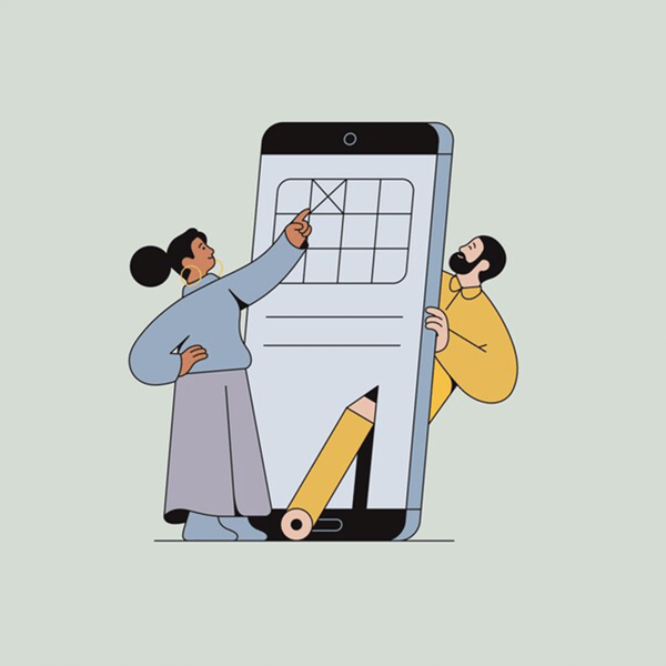An animated depiction of a calendar and two drawn persons.