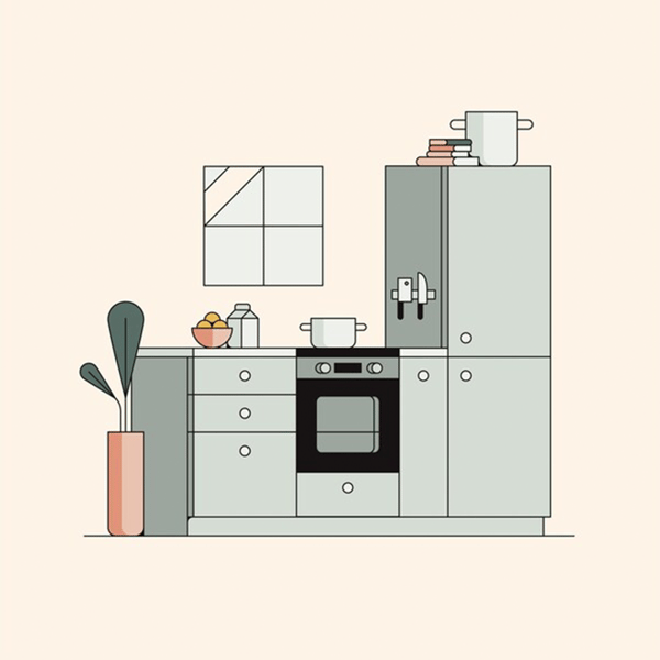 An animated depiction of a grey-green kitchen with an oven, cooktop, and refrigerator.