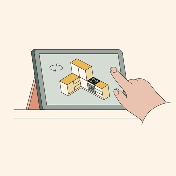 An animated depiction of someone pointing at a tablet with their index finger.