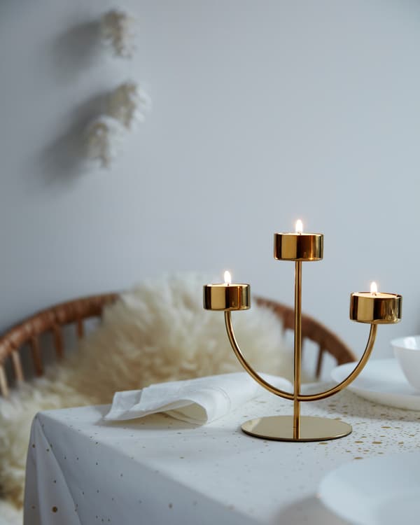An assortment of white candles and candle holders on a black table, against a mottled black and grey wall.