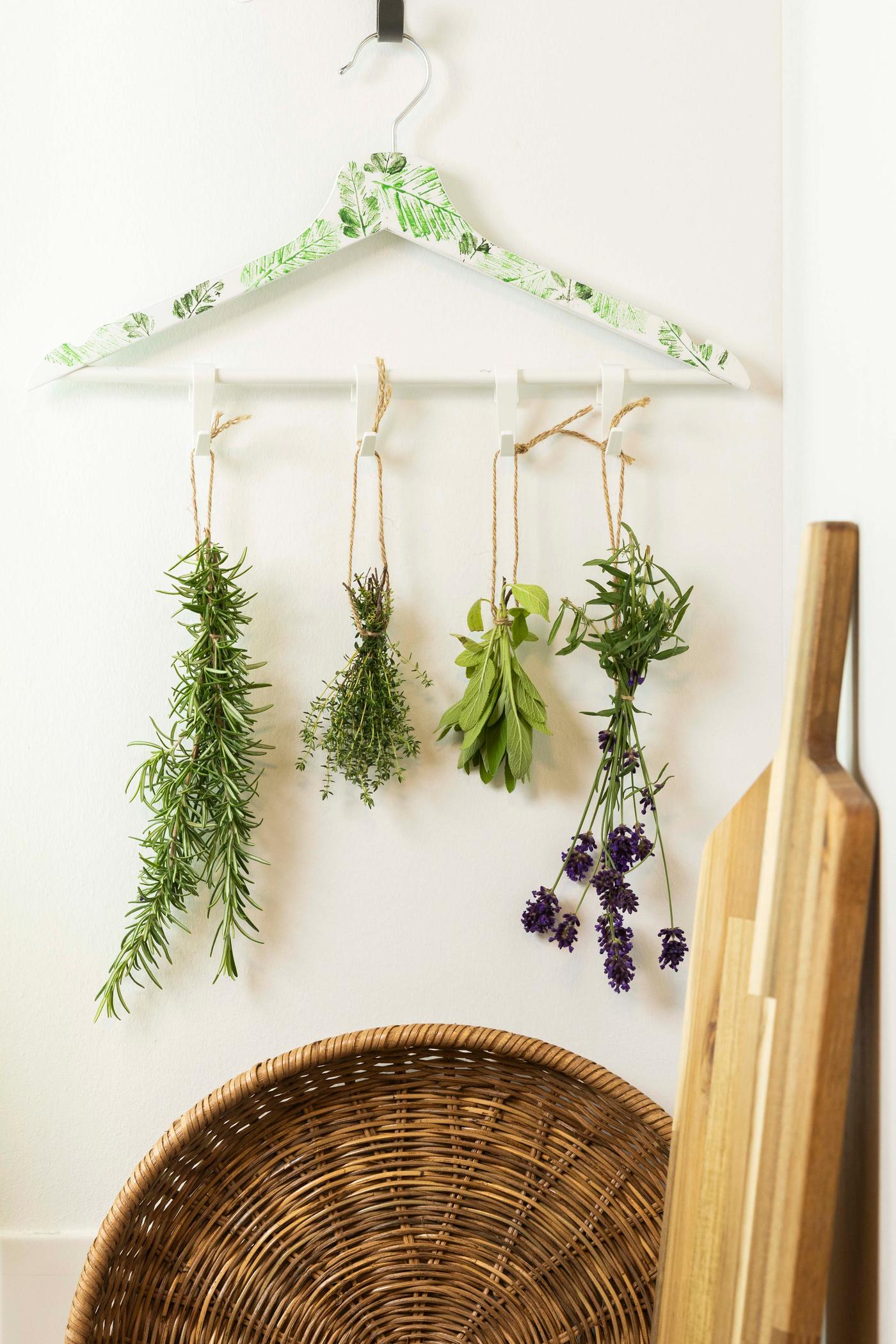 An einer weißen Wand hängt ein weißer Kleiderbügel mit 4 grünen Zweigen.