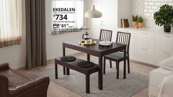 An EKADELE set with a dining table, chairs and benches priced at $734 but now can be paid at $61.20 per month for 12 months