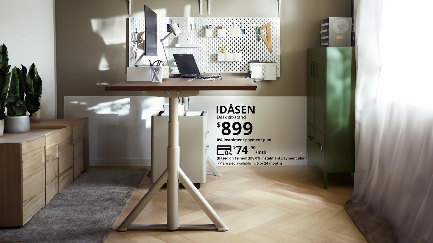 An IDASEN standing desk priced at $899 but now can be paid for $899 per month for 12 months