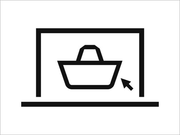 An IKEA bag icon and a cursor icon on an outline of a laptop screen.