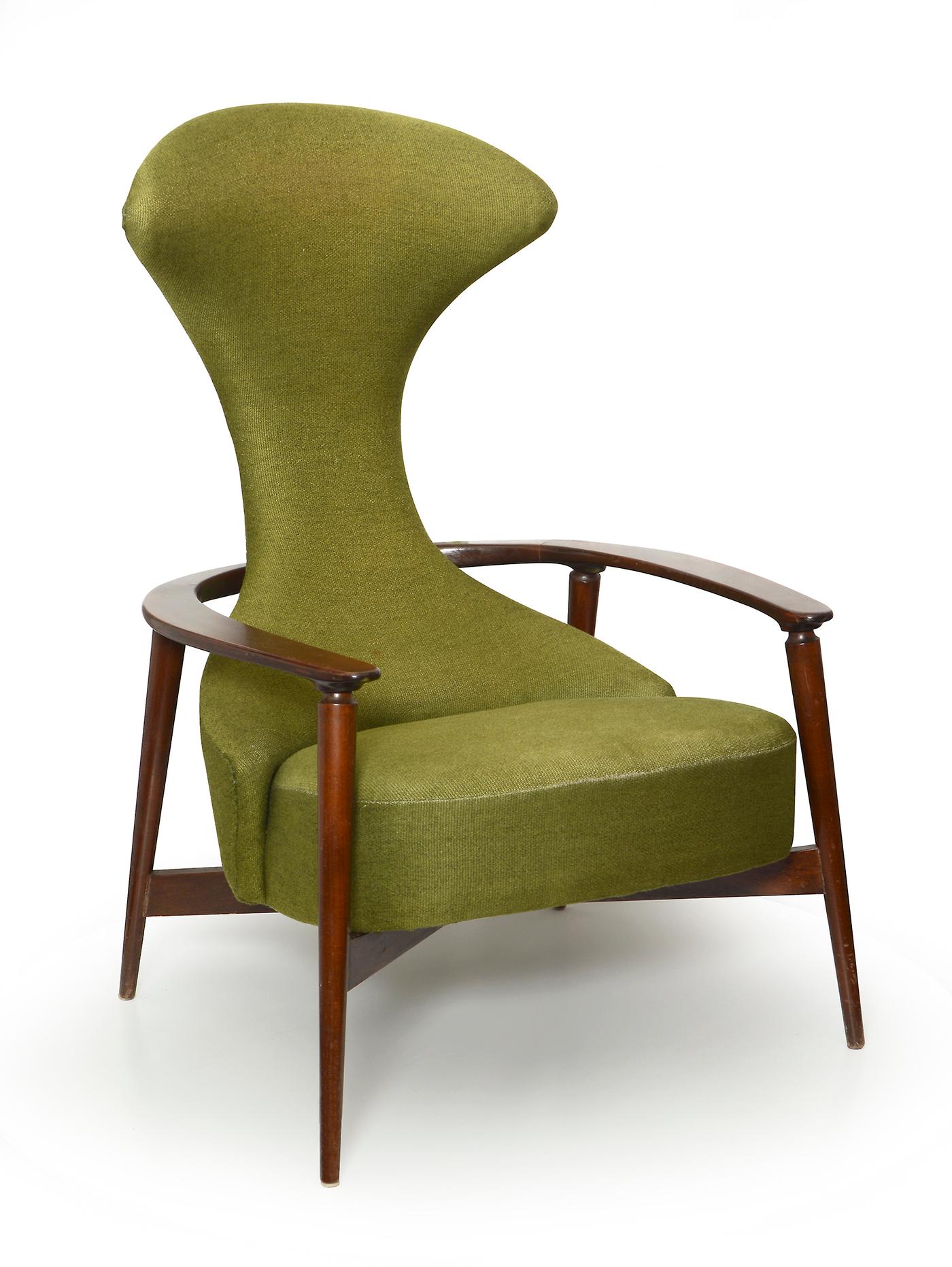 An IKEA CAVELLI armchair from 1959 with olive green upholstery and dark wood legs and armrests.