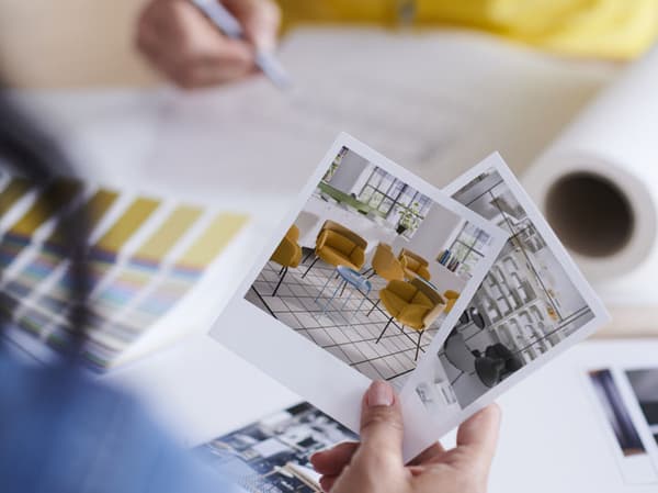 An IKEA interior design photograph in a pile held by a bulldog clip, next to the corner of a sketch plan, on a wooden table.