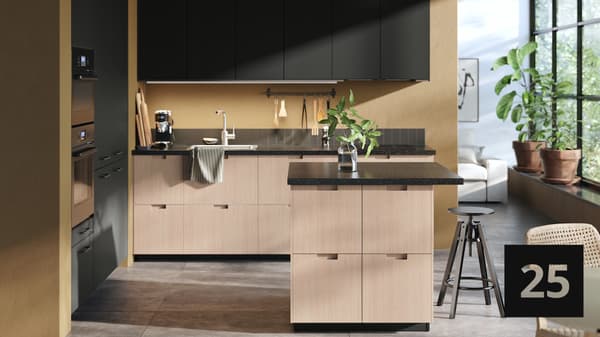 An IKEA kitchen with a note that all kitchens from the METOD series come with a 25-year guarantee