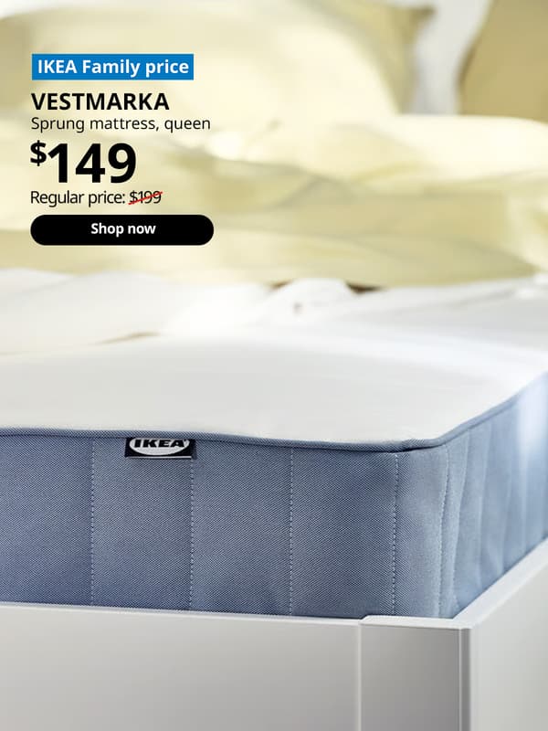 An IKEA mattress without any mattress cover or protector placed on a bed frame. VESTMARKA
Sprung mattress, firm/light blue, 150x200 cm, $149. Regular price: $199. Shop now.