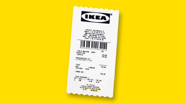 An IKEA receipt with some products against a yellow background