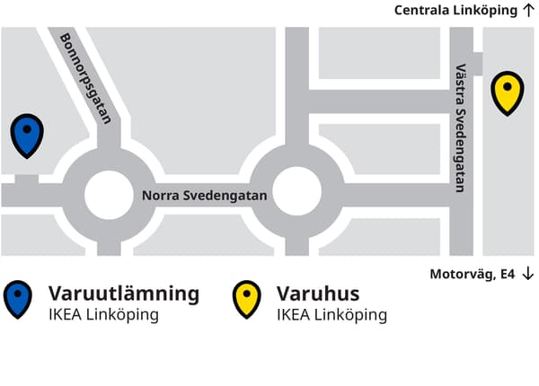 An illustrated map showing the locations of IKEA Linköping store and IKEA Linköping external warehouse 