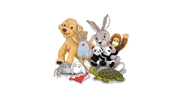 An illustration of a collection of animal soft toys.