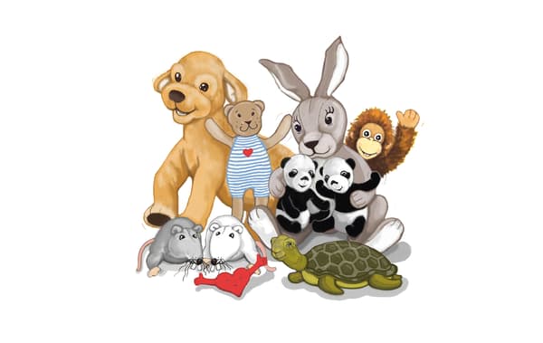 An illustration of a collection of animal soft toys.