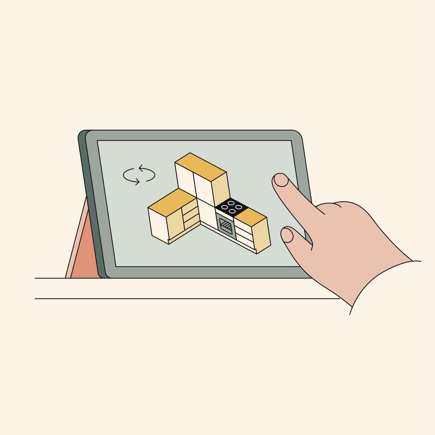 an illustration of a hand navigating on a tablet in an IKEA 3D PLaner.