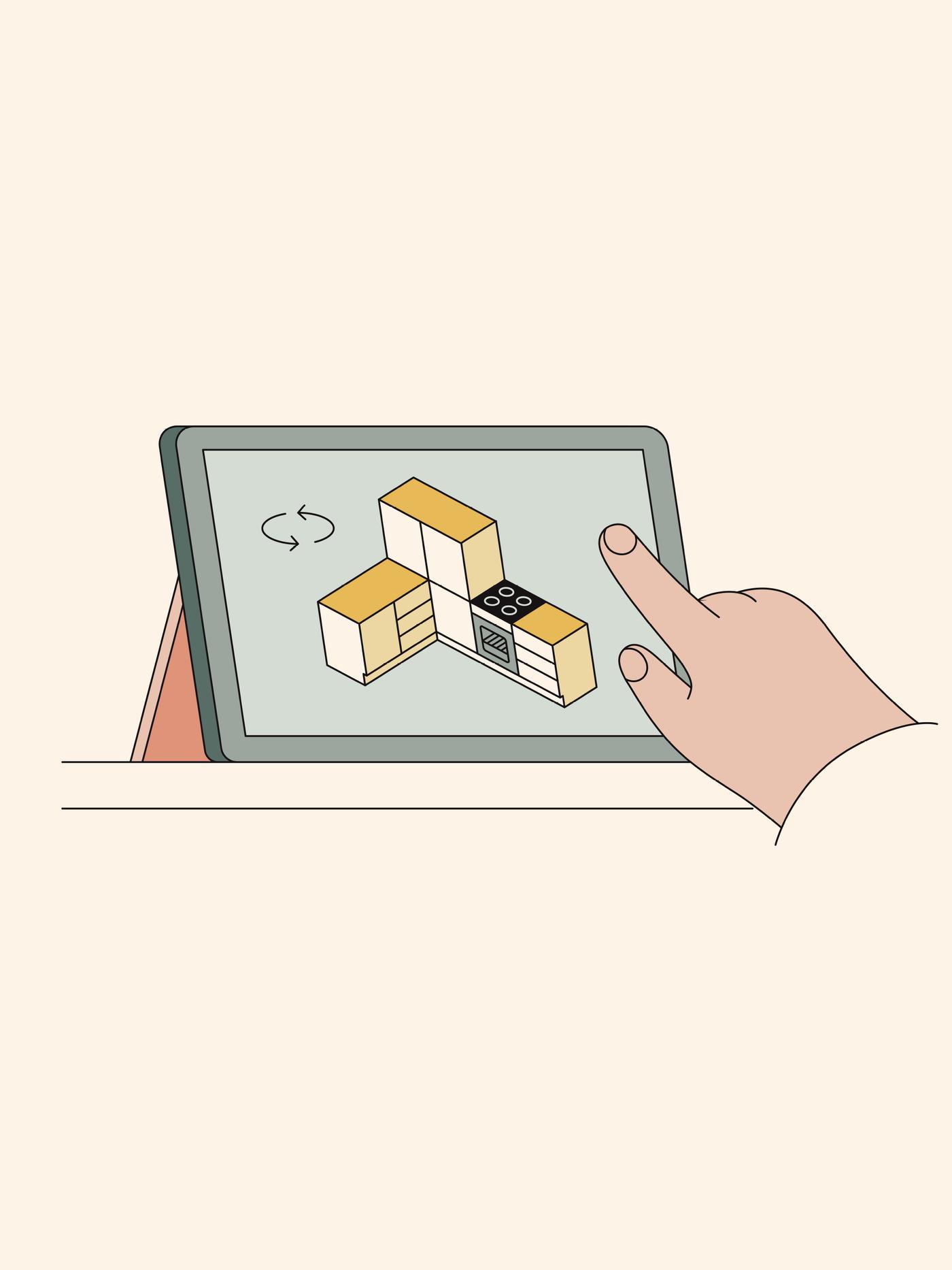 An illustration of a hand reaching to interact with a kitchen planning tool on a tablet.