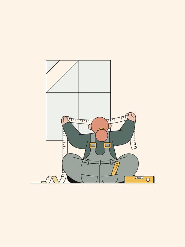An illustration of a red-haired woman sitting on the floor holding a measuring tape in both hands in front of a window.