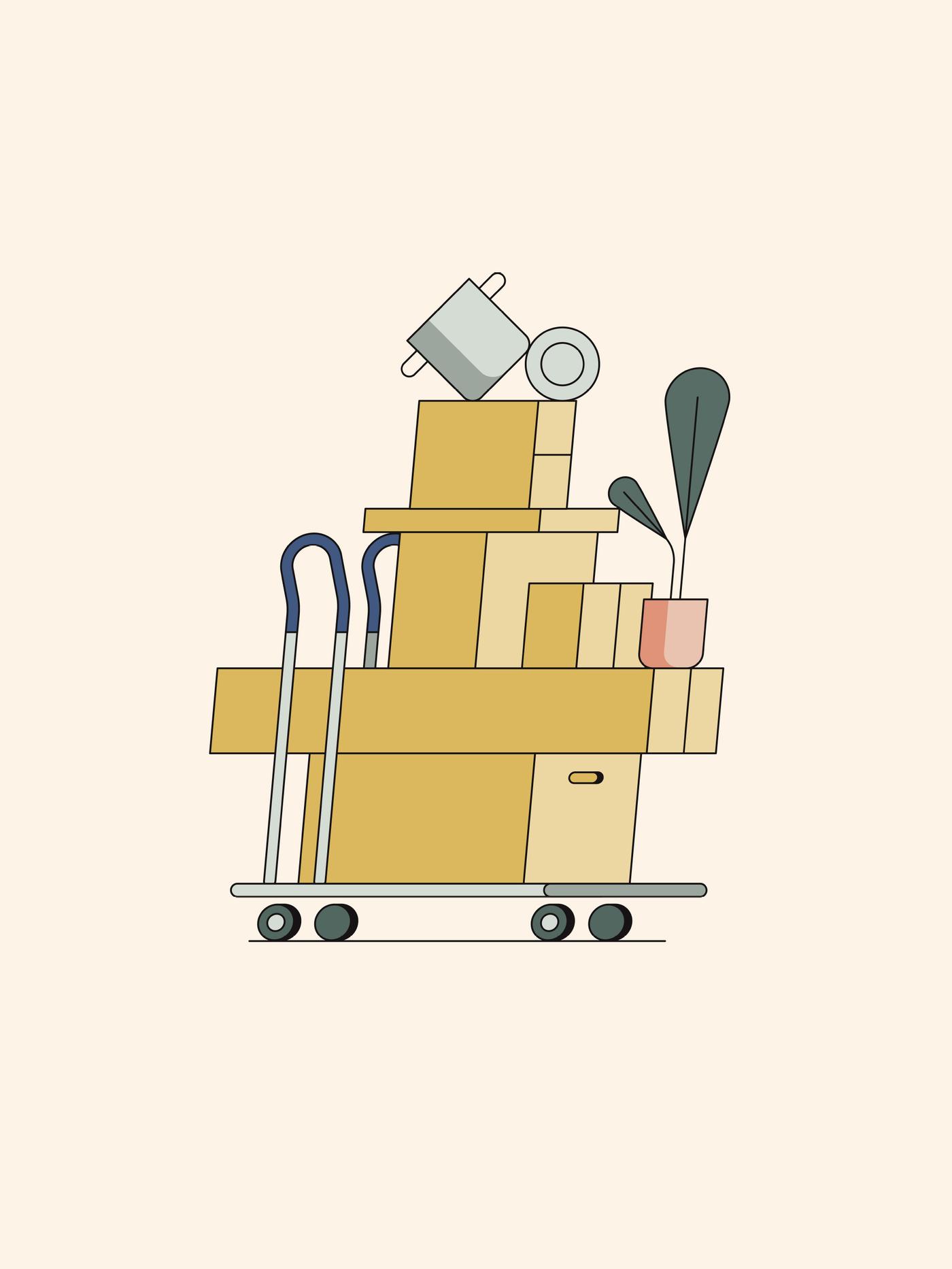 An illustration of a shopping trolley fully stacked with packages, a potted plant, and a pot and lid balancing on top.
