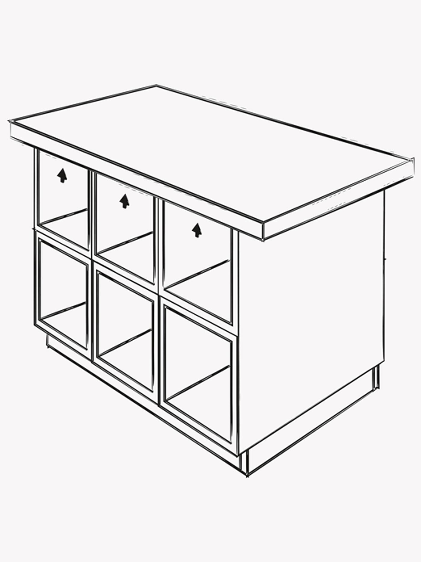 An illustration of cabinets forming an island on top of a frame with a cover panel on the side and a larger countertop.