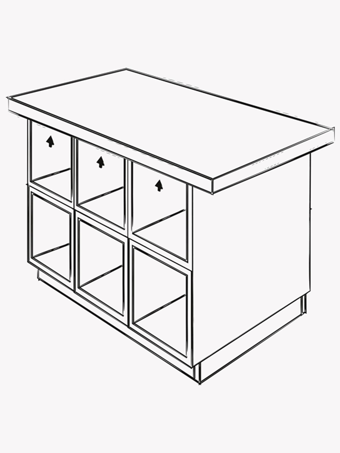 An illustration of cabinets forming an island on top of a frame with a cover panel on the side and a larger countertop.