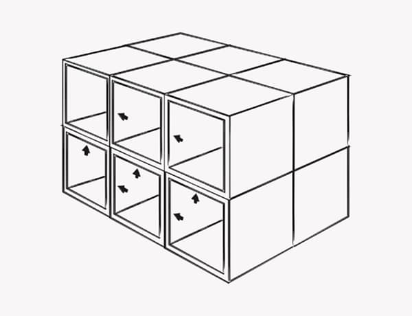 An illustration of where to screw METOD cabinets together to form half of the base of the kitchen island.