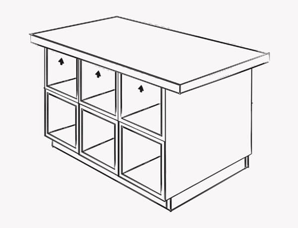 An illustration of where to screw the base of the island to the countertop.