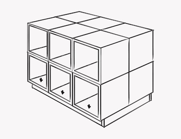 An illustration of where to screw the base of the kitchen island to the base frame.