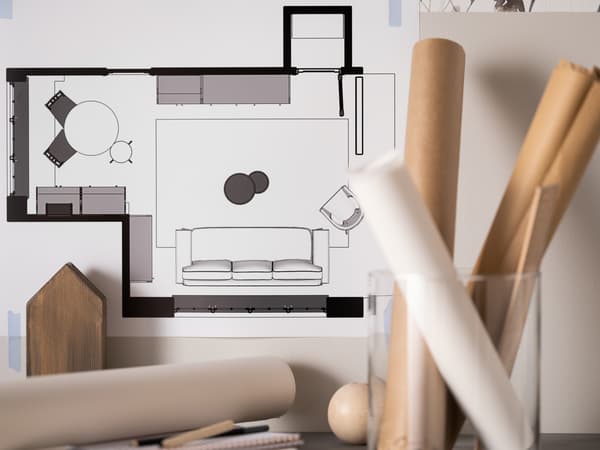 An image of a floor plan with paper rolls 

floorplan