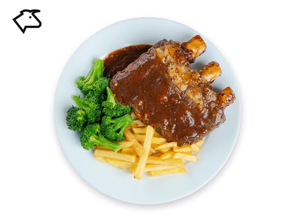 An image of Black Pepper Beef Ribs with fries and broccoli
