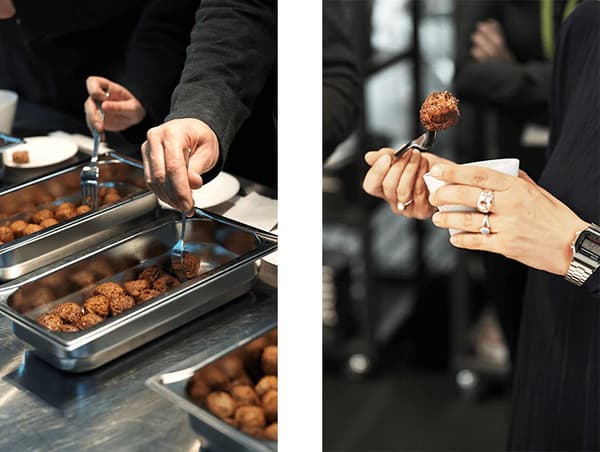 An image of hands reaching in with a fork to a tray of meatballs, and another image of a hand holding a meatball on a fork.
