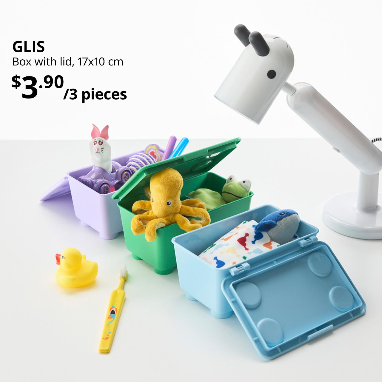 An image showcasing the versatile use of GLIS boxes with lids. bhite text is displayed alongside black text that reads "GLIS, Box with lid, 17x10 cm, $3.90/3 pieces".