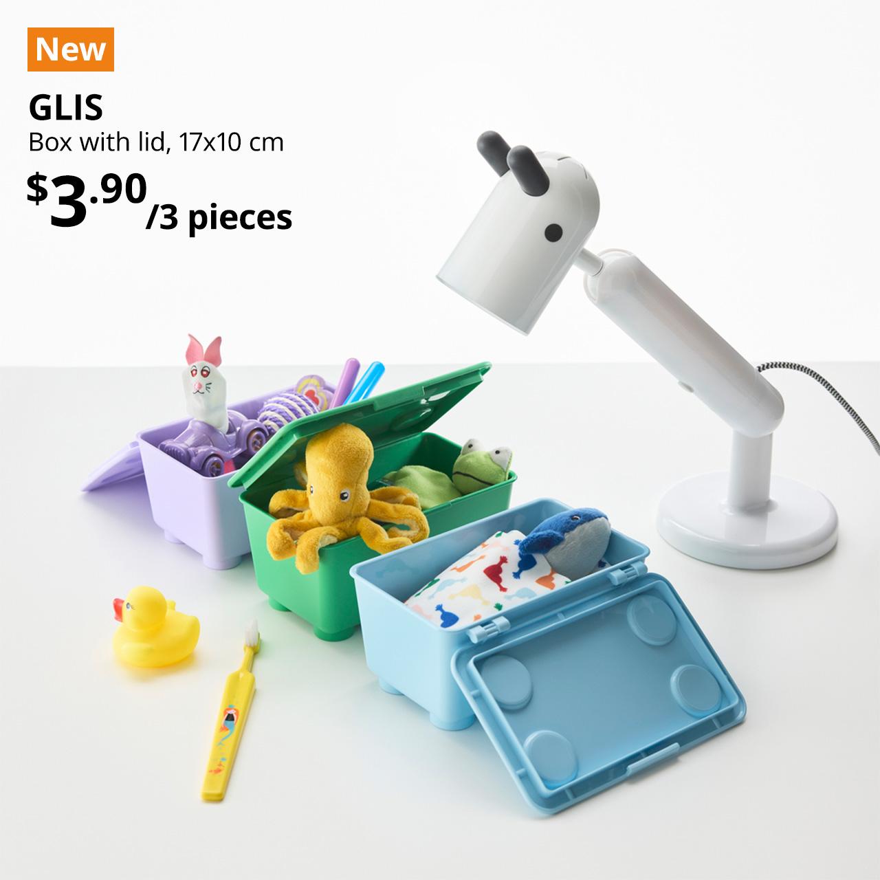 An image showcasing the versatile use of GLIS boxes with lids. An orange "New" tag with white text is displayed alongside black text that reads "GLIS, Box with lid, 17x10 cm, $3.90/3 pieces."