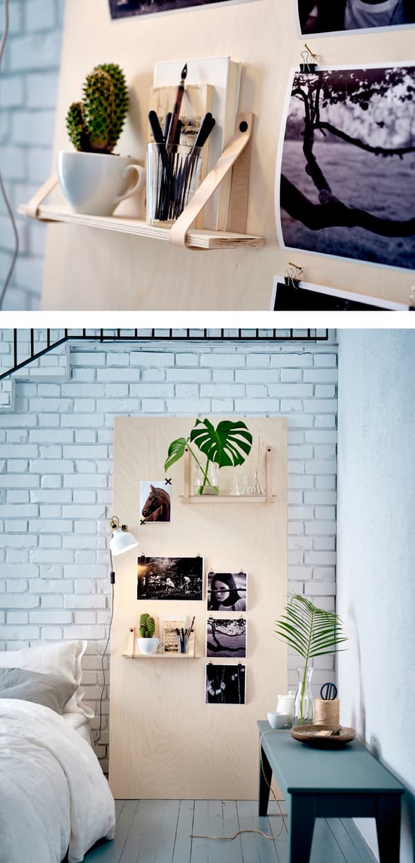 An inspiration board made of plywood leaning against a wall.
