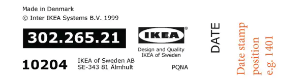 An label of an IKEA product showing where the article number and date stamp is on the label.