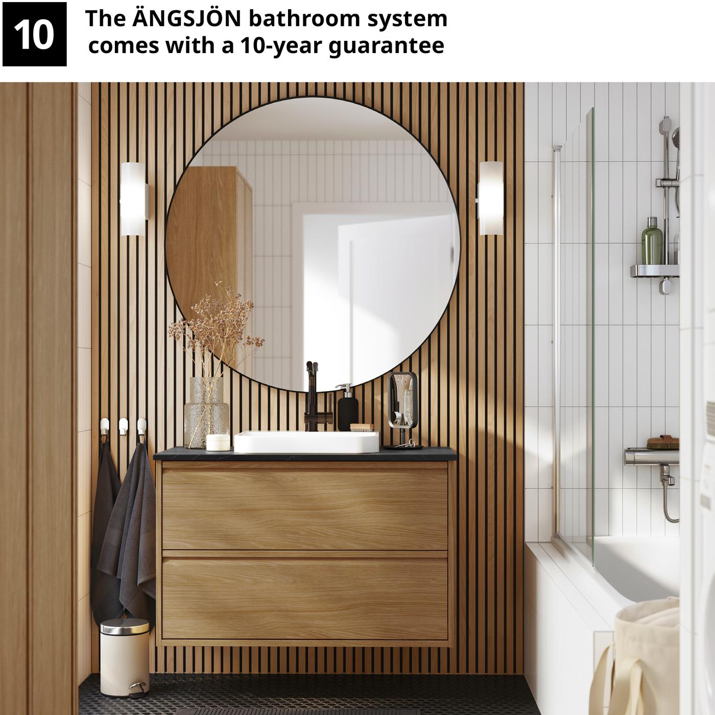 An oak effect/black marble effect BACKSJÖN wash-stnd w drawers/wash-basin/tap