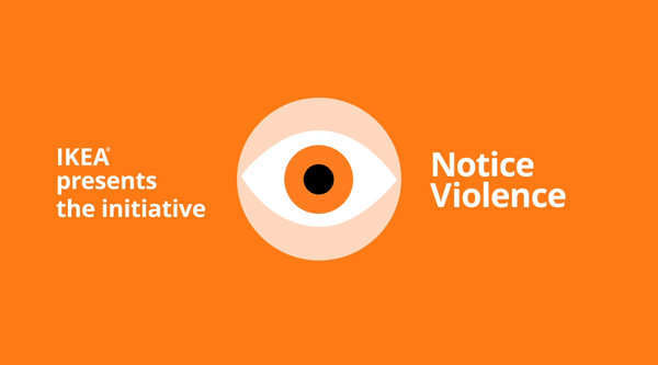 An open-eye symbol on an orange background, with the white text “Notice violence” beside it.