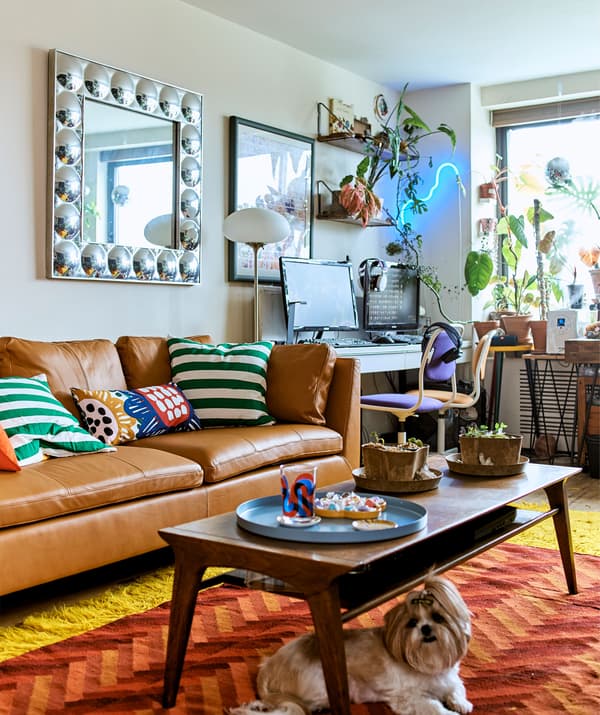 An open-plan living area with a workspace, plant display, modern leather sofa and multifunction coffee table.