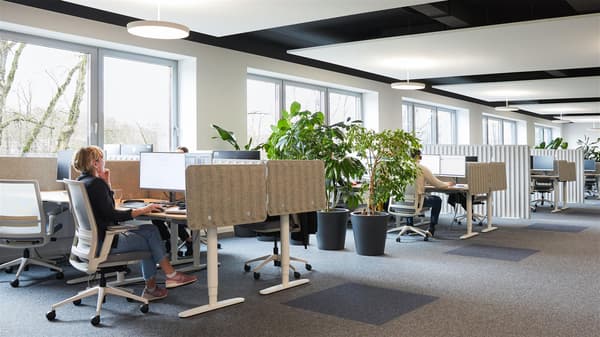 An open-plan office would be created with several rows of stylish desks separated by large planters