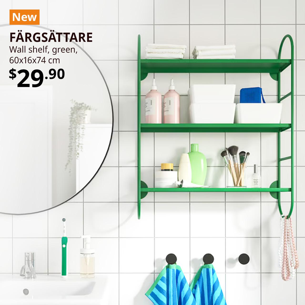  An orange "NEW" label is on the top left of the image with black text that reads: FÄRGSÄTTARE
Wall shelf, green, 60x16x74 cm, $29.90