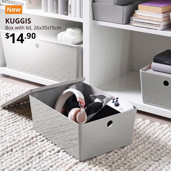  An orange "NEW" label is on the top left of the image with black text that reads: KUGGIS box with lid, $14.90