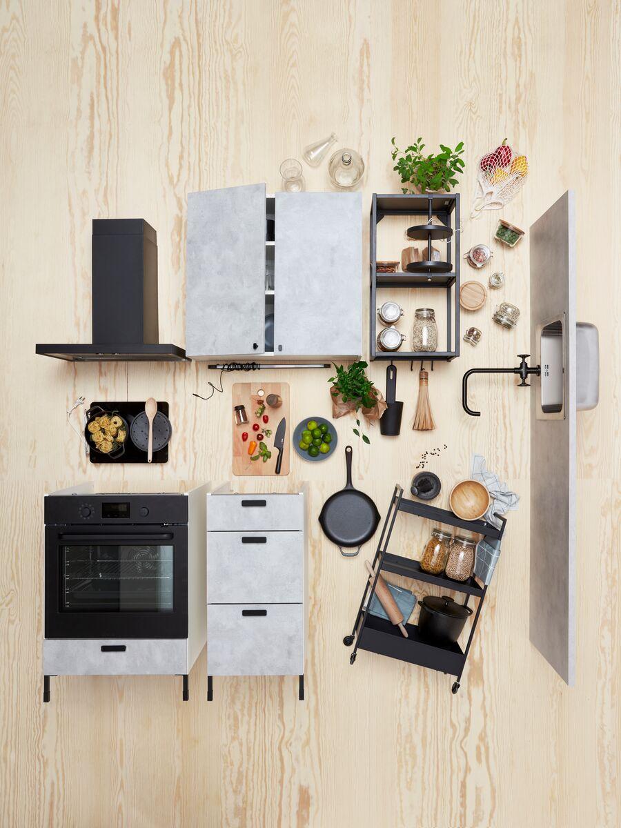An overview of an ENHET kitchen and accessories.