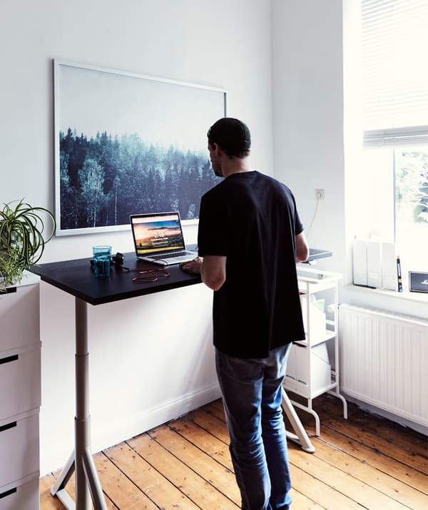 André in piedi alla scrivania in una stanza bianca con una grande foto di una foresta appesa alla parete.