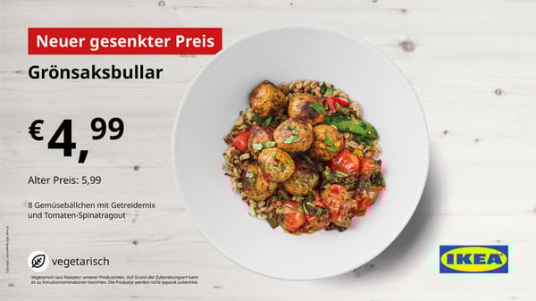 Angebot: 8 Gemüsebällchen mit Getreidemix und Tomaten-Spinatragout statt um € 5,99 für € 4,99.