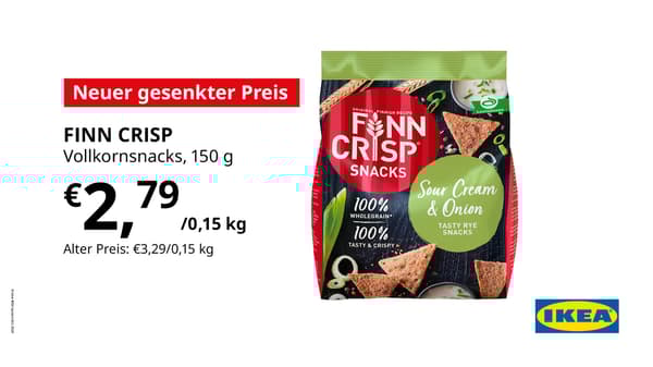 Angebot: FINN CRISP Vollkornsnack, 150g Pkg., statt € 3,29 nun € 2,79.