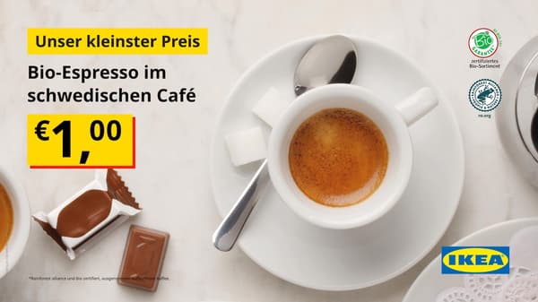 Angebot für einen Bio-Espresso im Schwedischen Cafè für 1€.