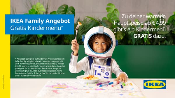 Angebot: zu einer Hauptspeise eines Erwachsenen ab € 4,99 gibt's ein Kindermenü gratis dazu.