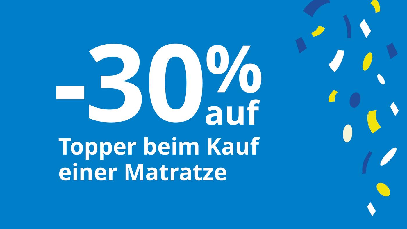 Angebotsbanner -30% auf Topper beim Kauf einer Matratze auf blauem Hintergrund.  
